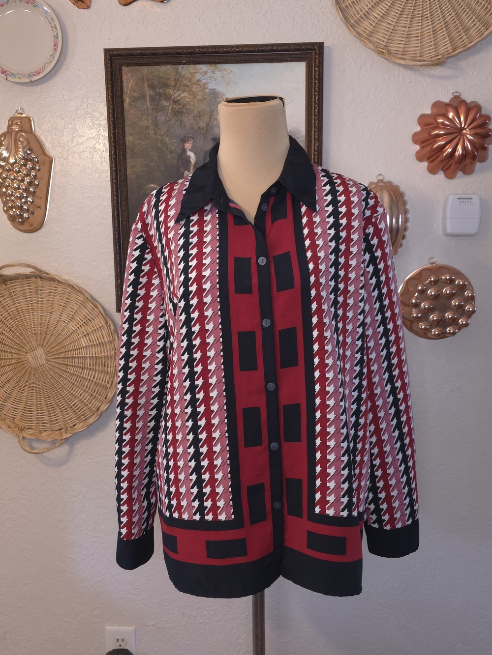 Allison Daley Petite Houndstooth Geometric Button Front Blouse Red Black 14P